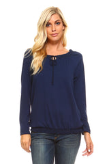 Women's Long Sleeve Navy Peasant Top Navy Solid Tops - Tophatter Daily Deals