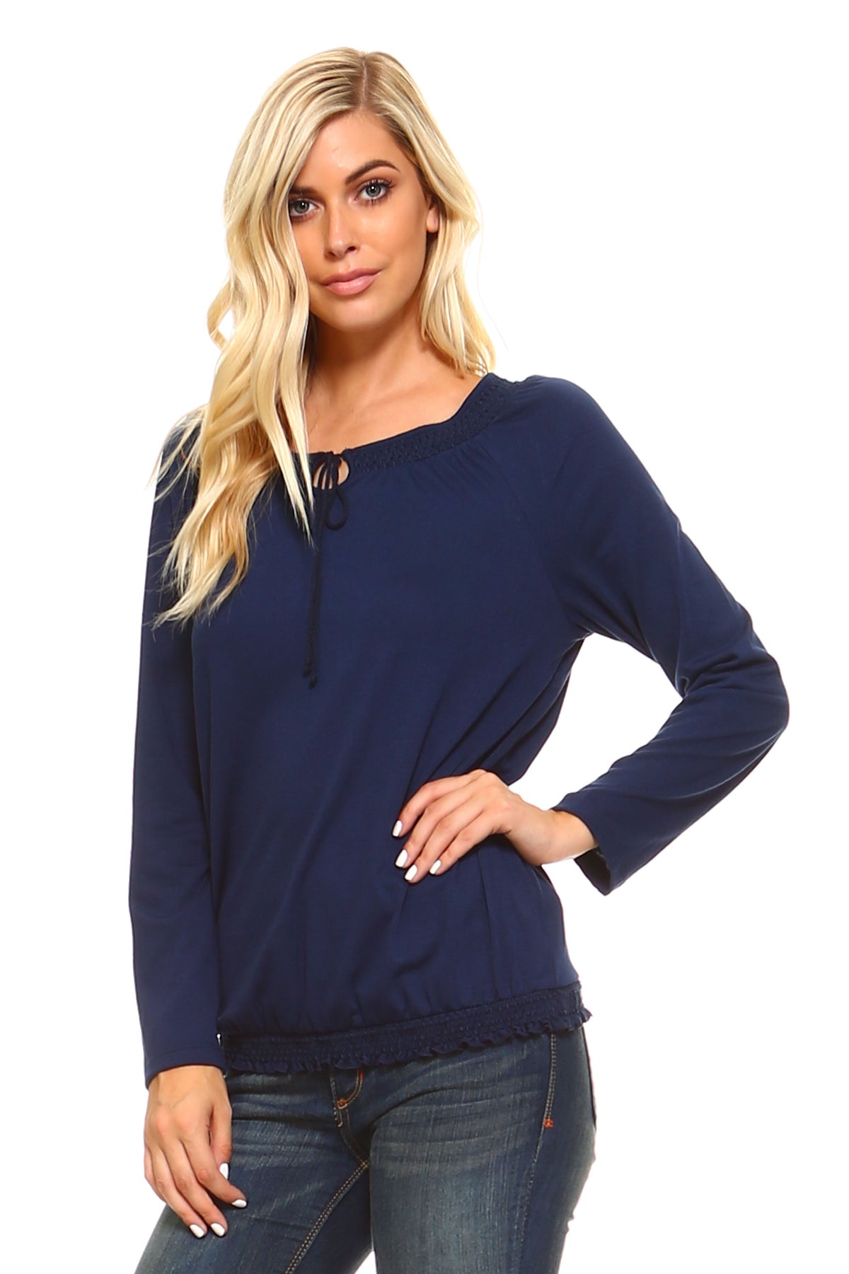 Women's Long Sleeve Navy Peasant Top Tops - Tophatter Daily Deals