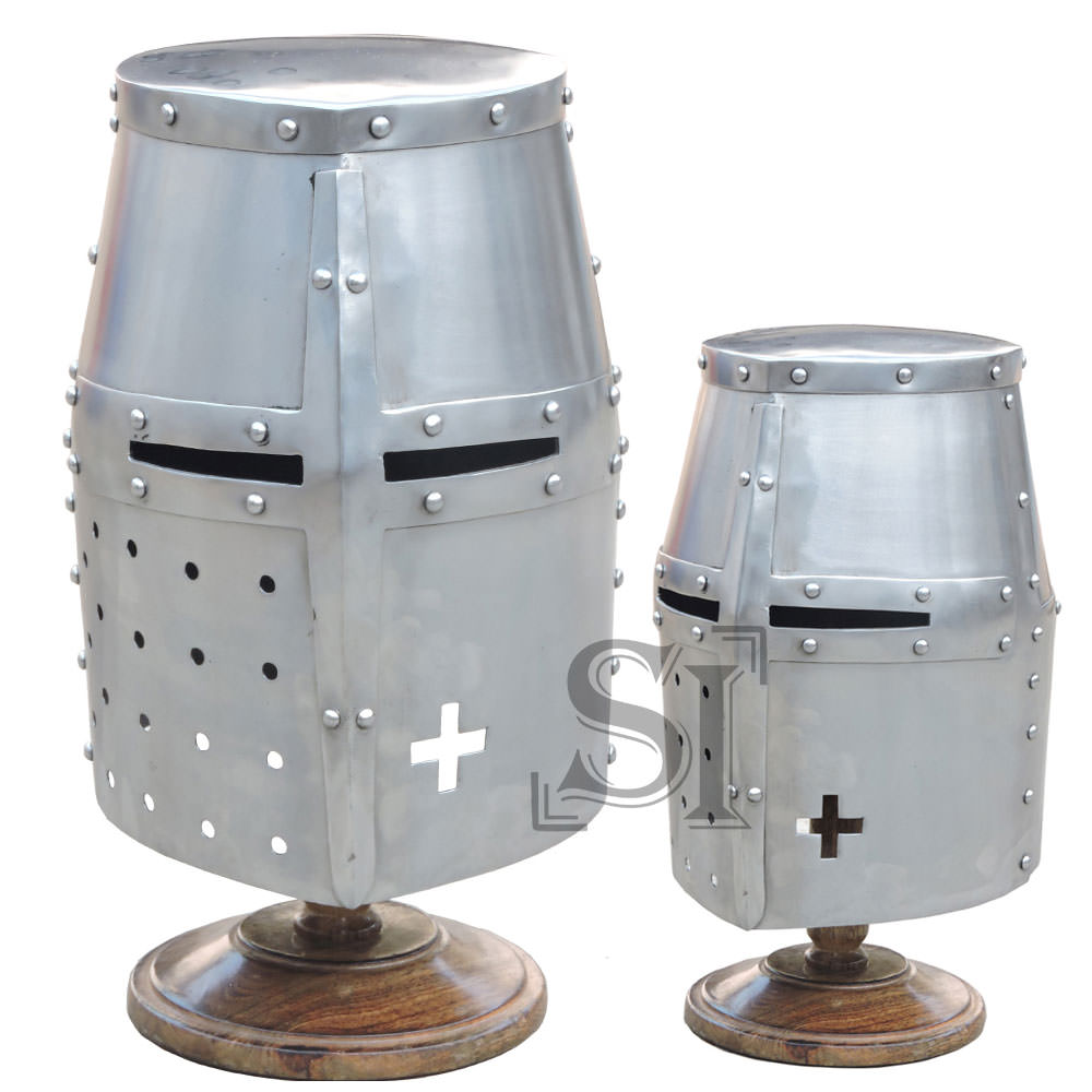 Medieval Templar Crusader Knight Armor Helmet with Wooden Stand - Tophatter's Guns'N'Weapons Store Collectible Weapons - Tophatter Daily Deals