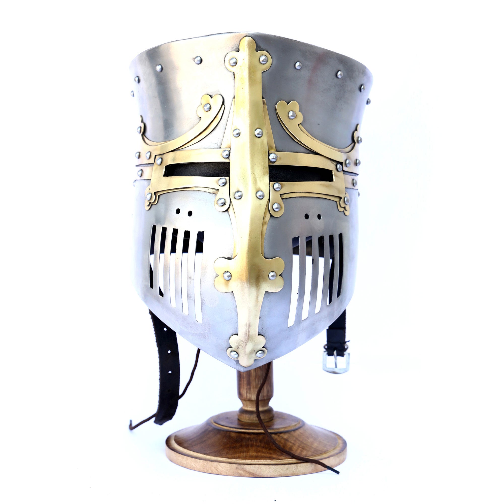 13th Century Great Pot Helm with Brass Crown and Cross Medieval Helmet - Tophatter's Inc. Weapons Store Online Collectible Weapons - Tophatter Daily Deals