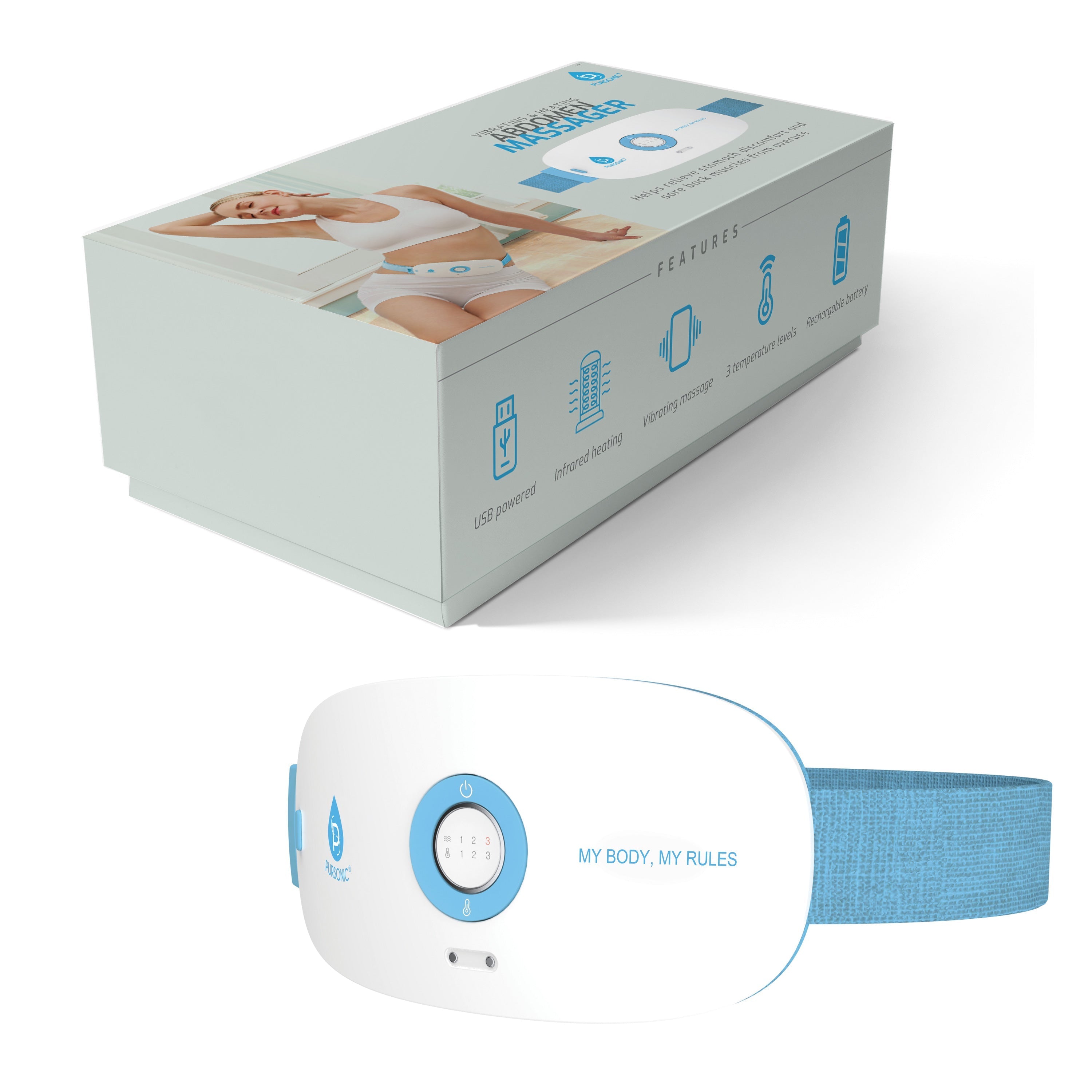 Pursonic Stomach & Back Massager, 3 Vibration Levels, 3 Heat Settings & USB Rechargeable White Massagers & Wraps - Tophatter Daily Deals