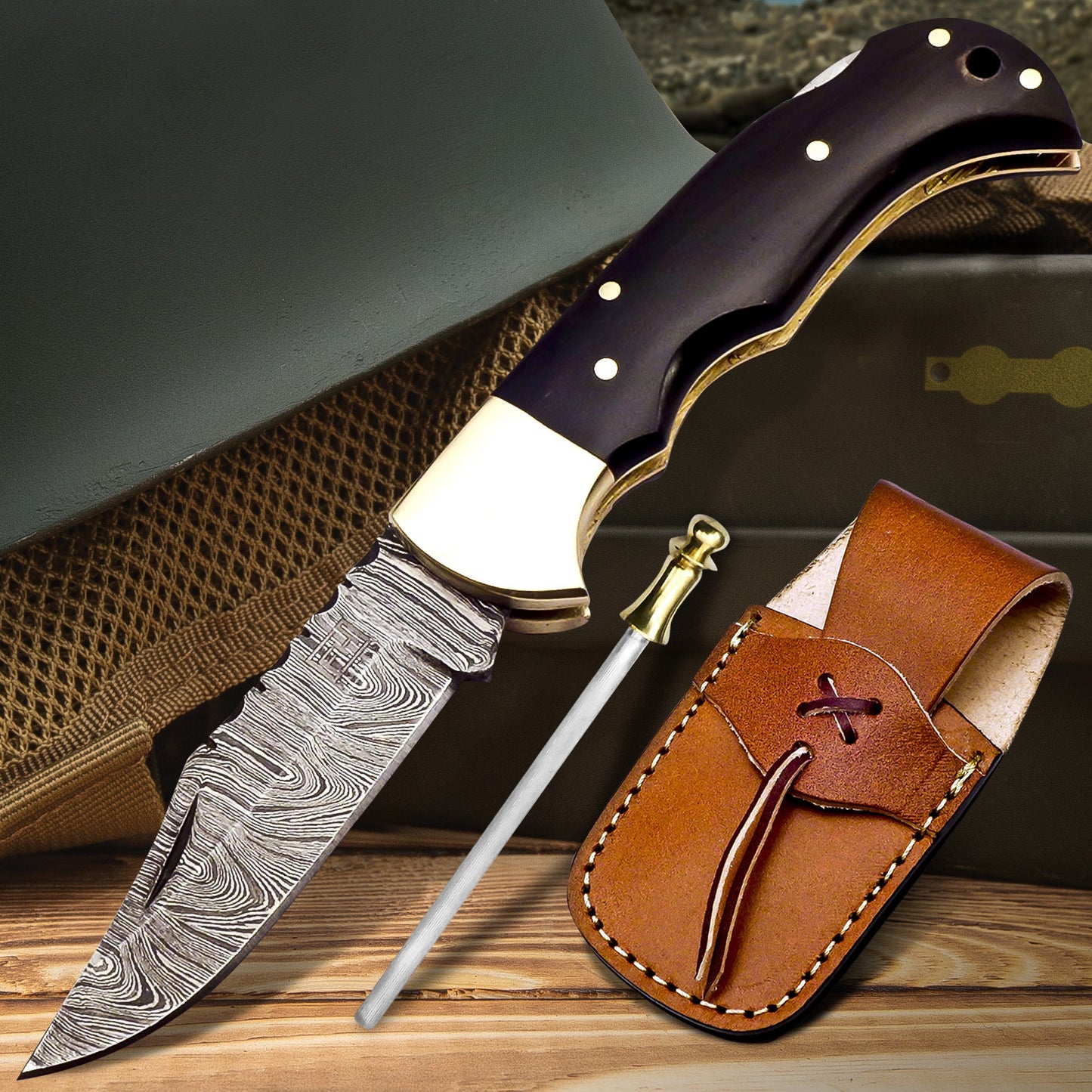 6.5′ Handmade Damascus Steel Pocket Knife with Leather Sheath - Tophatter Daily Deals