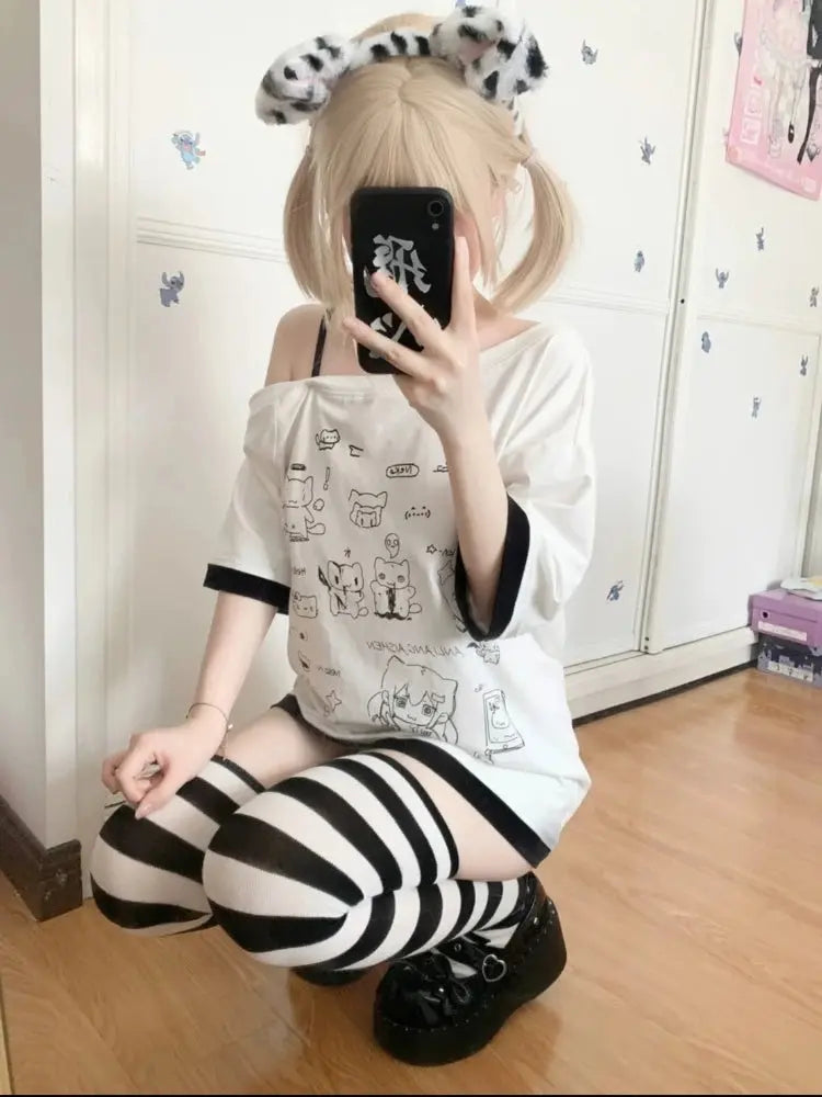 HOUZHOU Y2k Harajuku PatchworkT Shirts Women Japanese Style Kawaii Sweet Gothic Cartoon Print Loose Tees Tops Soft Gril 2025 - Tophatter Daily Deals