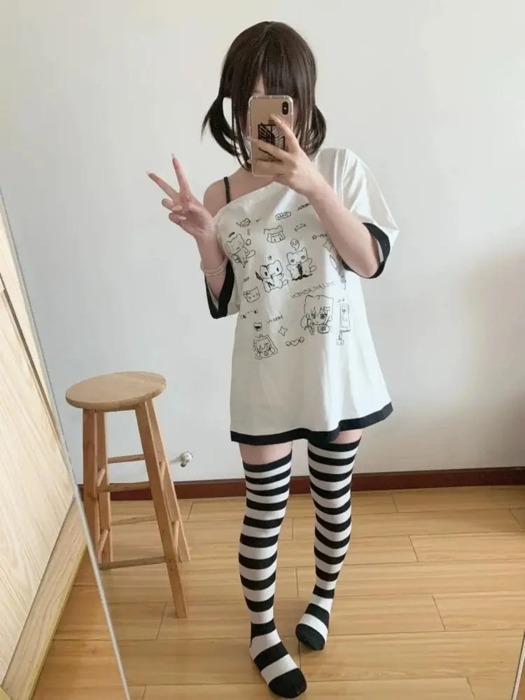 HOUZHOU Y2k Harajuku PatchworkT Shirts Women Japanese Style Kawaii Sweet Gothic Cartoon Print Loose Tees Tops Soft Gril 2025 - Tophatter Daily Deals