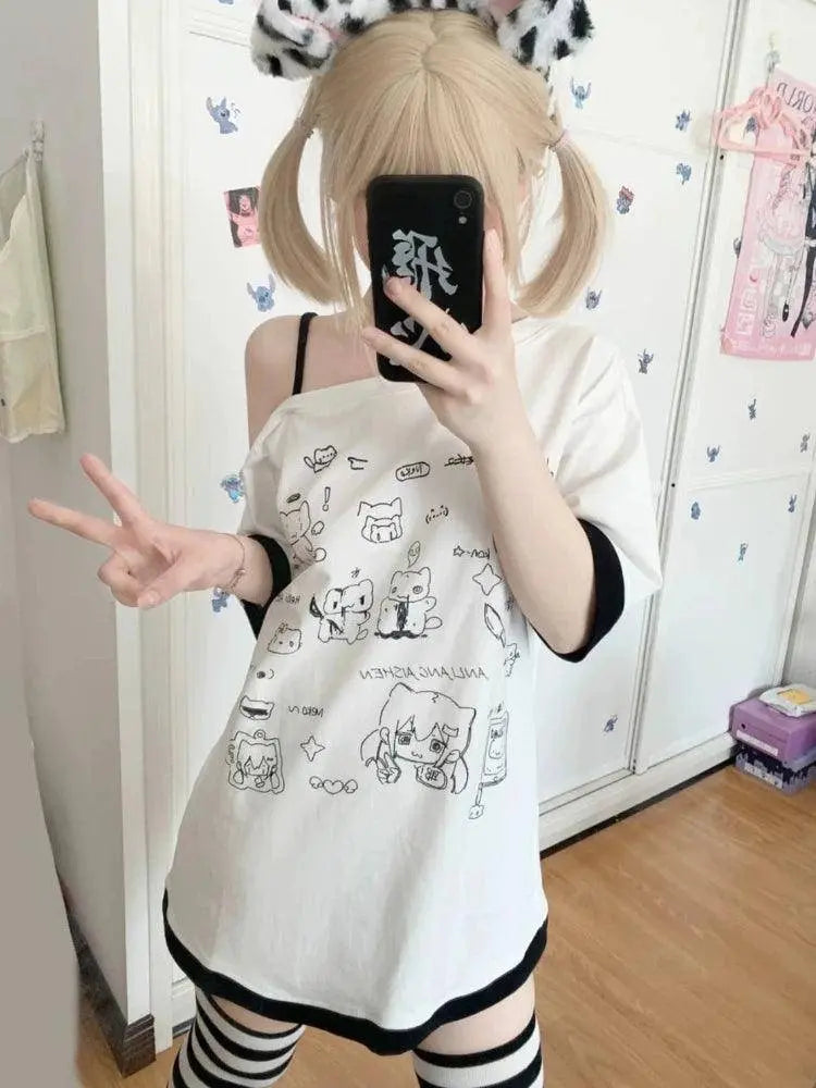 HOUZHOU Y2k Harajuku PatchworkT Shirts Women Japanese Style Kawaii Sweet Gothic Cartoon Print Loose Tees Tops Soft Gril 2025 - Tophatter Daily Deals