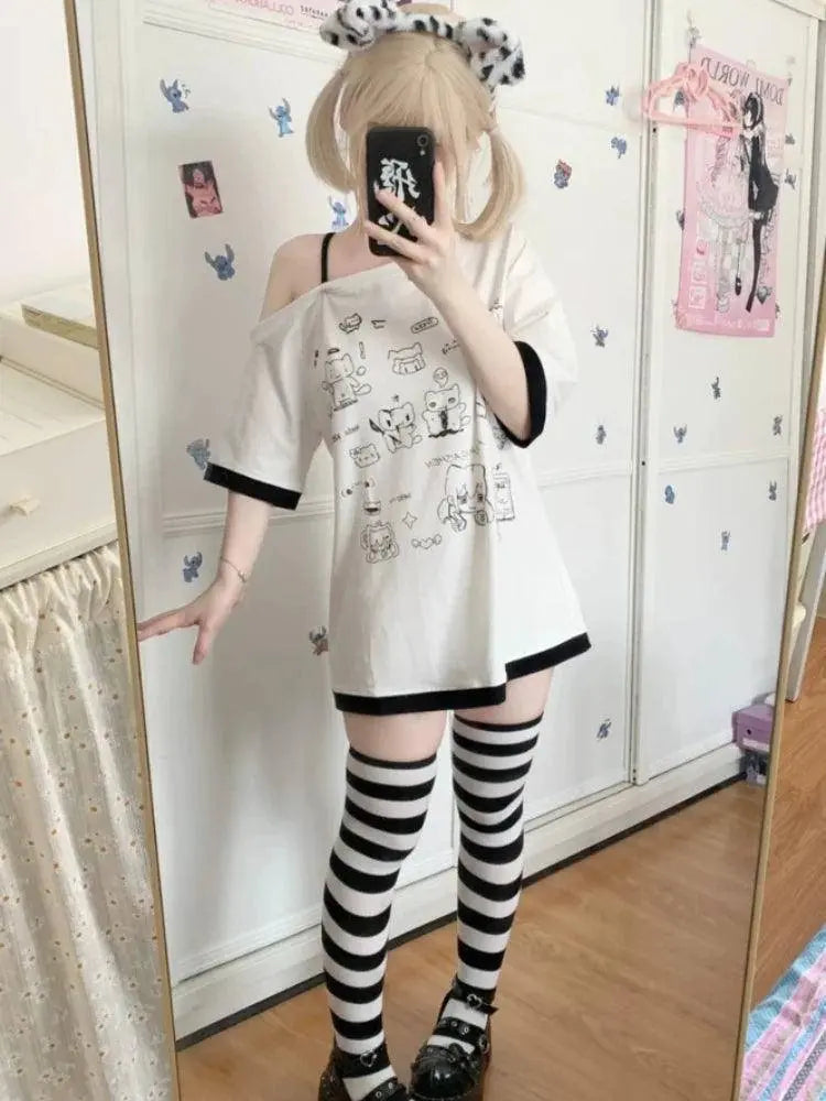 HOUZHOU Y2k Harajuku PatchworkT Shirts Women Japanese Style Kawaii Sweet Gothic Cartoon Print Loose Tees Tops Soft Gril 2025 - Tophatter Daily Deals