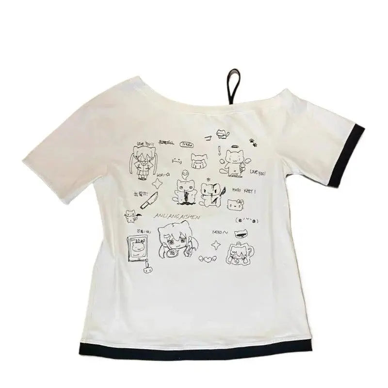 HOUZHOU Y2k Harajuku PatchworkT Shirts Women Japanese Style Kawaii Sweet Gothic Cartoon Print Loose Tees Tops Soft Gril 2025 black S - Tophatter Daily Deals