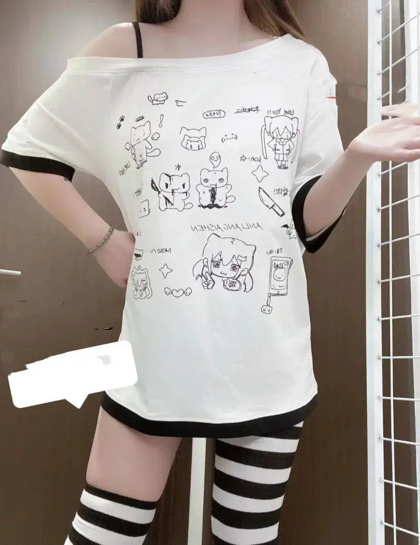 HOUZHOU Y2k Harajuku PatchworkT Shirts Women Japanese Style Kawaii Sweet Gothic Cartoon Print Loose Tees Tops Soft Gril 2025 - Tophatter Daily Deals