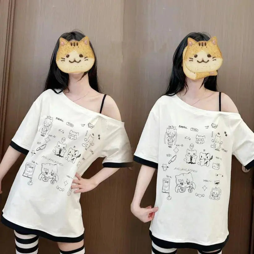 HOUZHOU Y2k Harajuku PatchworkT Shirts Women Japanese Style Kawaii Sweet Gothic Cartoon Print Loose Tees Tops Soft Gril 2025 - Tophatter Daily Deals