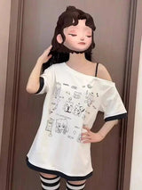 HOUZHOU Y2k Harajuku PatchworkT Shirts Women Japanese Style Kawaii Sweet Gothic Cartoon Print Loose Tees Tops Soft Gril 2025 - Tophatter Daily Deals