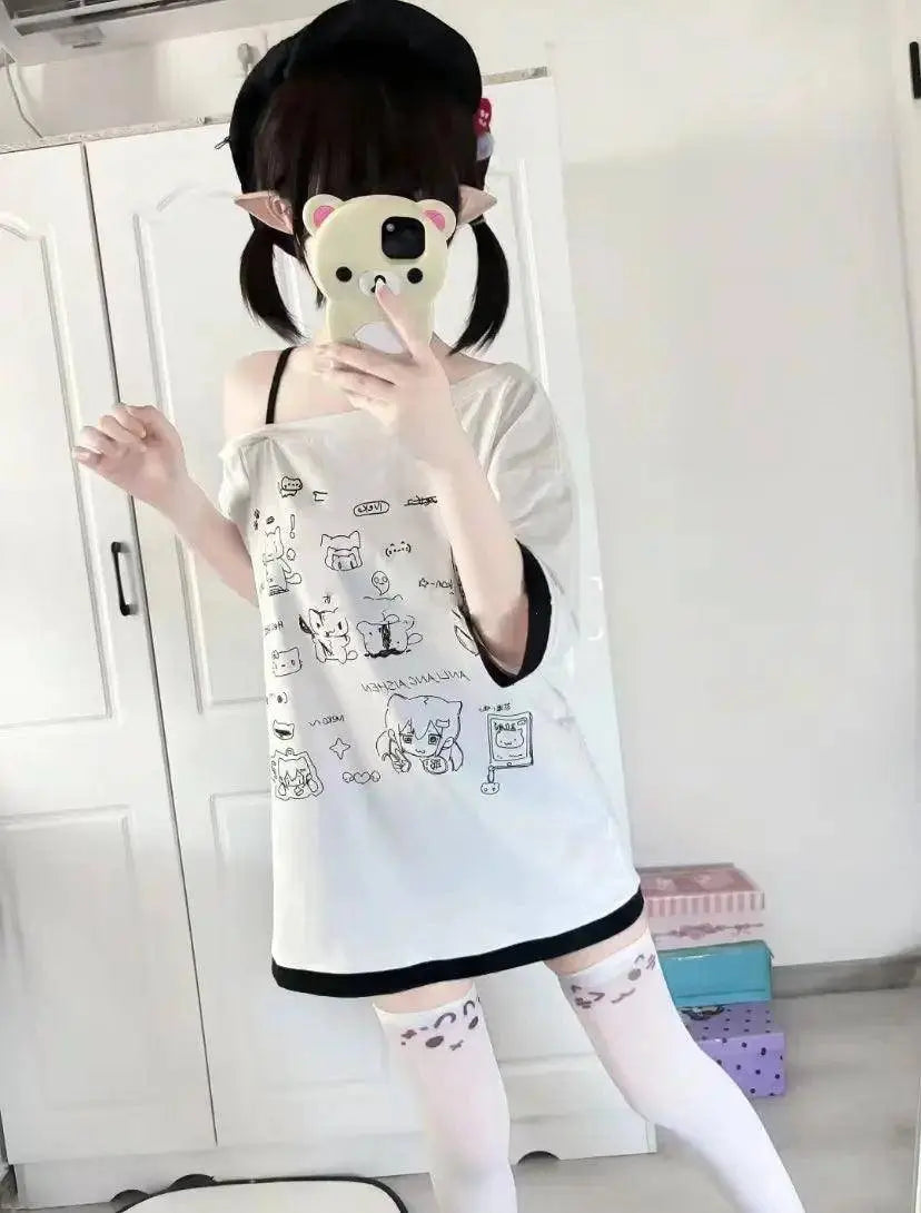 HOUZHOU Y2k Harajuku PatchworkT Shirts Women Japanese Style Kawaii Sweet Gothic Cartoon Print Loose Tees Tops Soft Gril 2025 - Tophatter Daily Deals