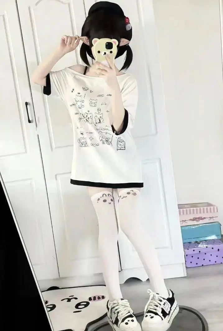 HOUZHOU Y2k Harajuku PatchworkT Shirts Women Japanese Style Kawaii Sweet Gothic Cartoon Print Loose Tees Tops Soft Gril 2025 - Tophatter Daily Deals