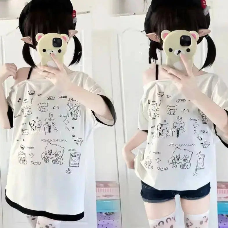 HOUZHOU Y2k Harajuku PatchworkT Shirts Women Japanese Style Kawaii Sweet Gothic Cartoon Print Loose Tees Tops Soft Gril 2025 - Tophatter Daily Deals