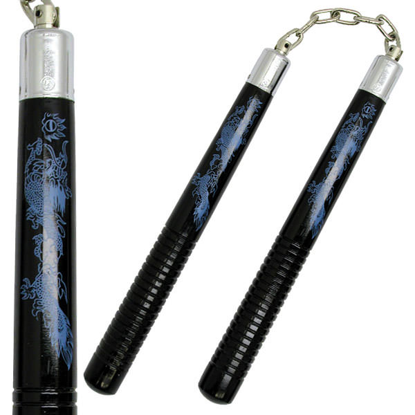 12" Black Wooden Nunchucks with Dragon Graphic - Tophatter's Guns'N'Weapons Store Collectible Weapons - Tophatter Daily Deals