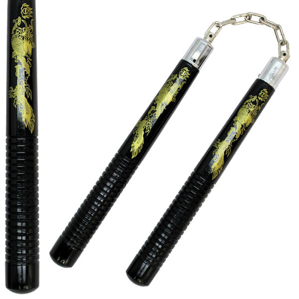 12" Black Finish Wood Nunchaku with Gold Dragon Graphics - Tophatter's Inc. Weapons Store Online Collectible Weapons - Tophatter Daily Deals