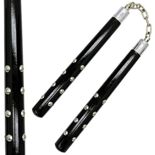 12" Black Wood Nunchaku with Chrome Studs Chain Collectible Weapons - Tophatter Daily Deals
