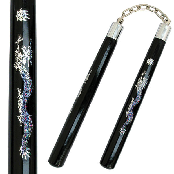 Wooden Nunchaku with Black Finish and Dragon Design Collectible Weapons - Tophatter Daily Deals