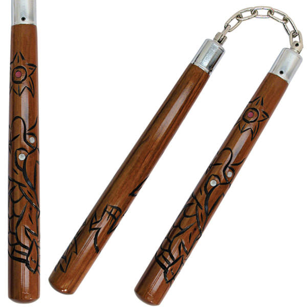 12" Dark Finish Wood Nunchaku with Carved Dragon Designs Chain Collectible Weapons - Tophatter Daily Deals