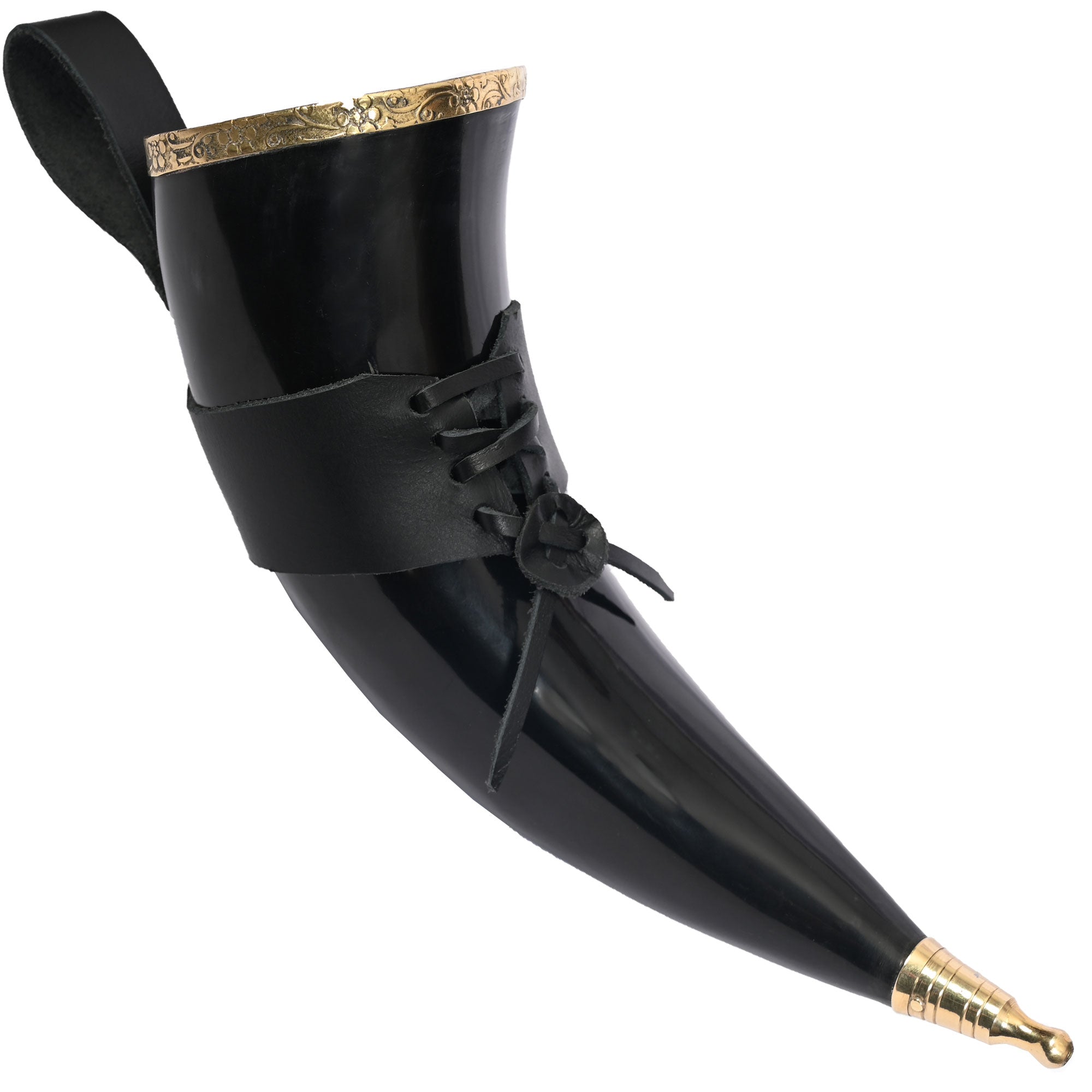 Brass Medieval Drinking Horn 15 oz with Black Leather Holster - TOPHATTER'S ARMORY DEALS Collectible Weapons - Tophatter Daily Deals
