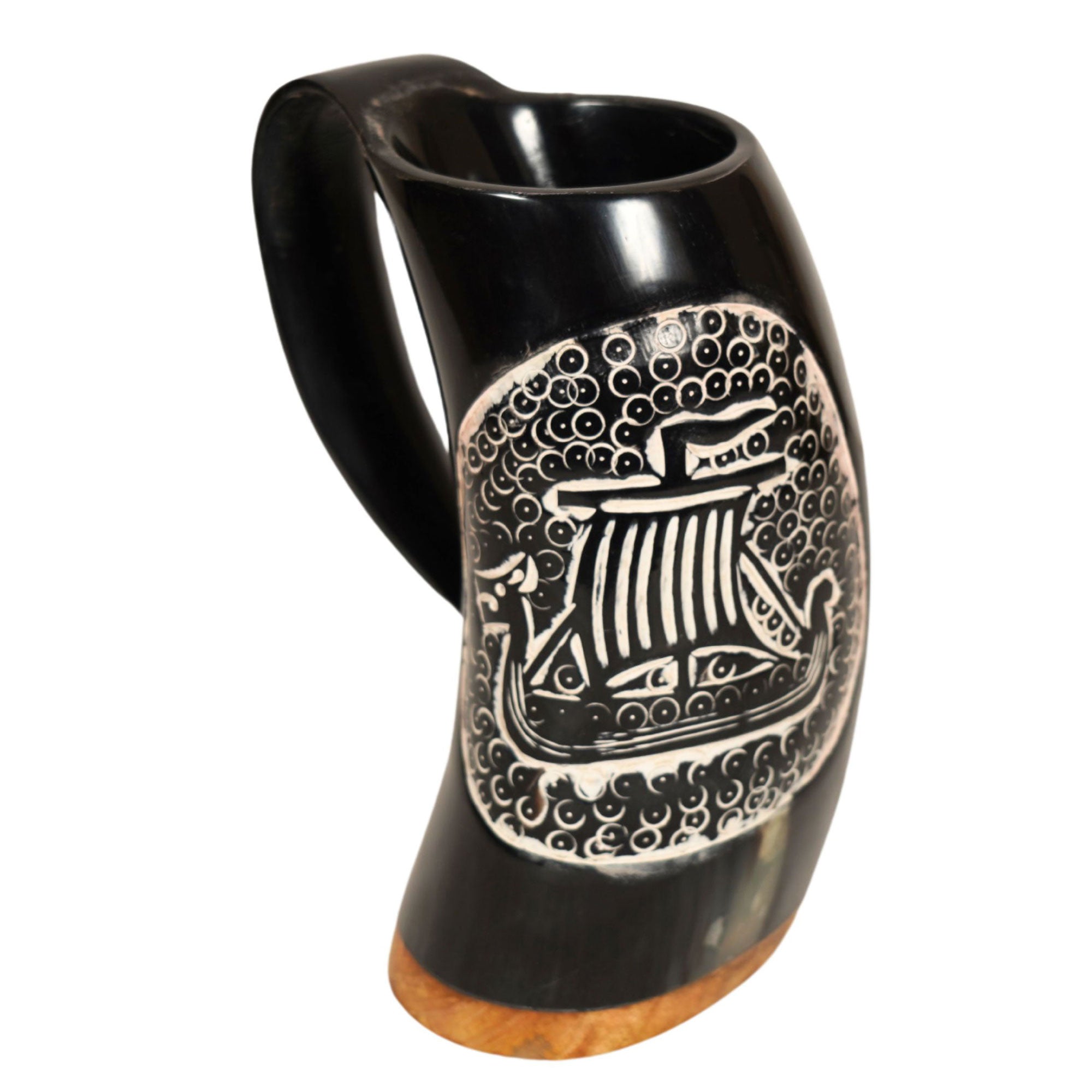 Viking Ship Hand Engraved Natural Buffalo Drinking Horn Mug - Tophatter's Inc. Weapons Store Online Collectible Weapons - Tophatter Daily Deals