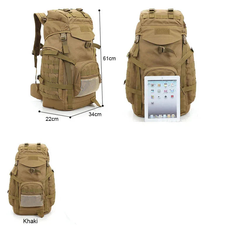 60L Tactical Camping Backpack Waterproof Khaki Backpacks - Tophatter Daily Deals