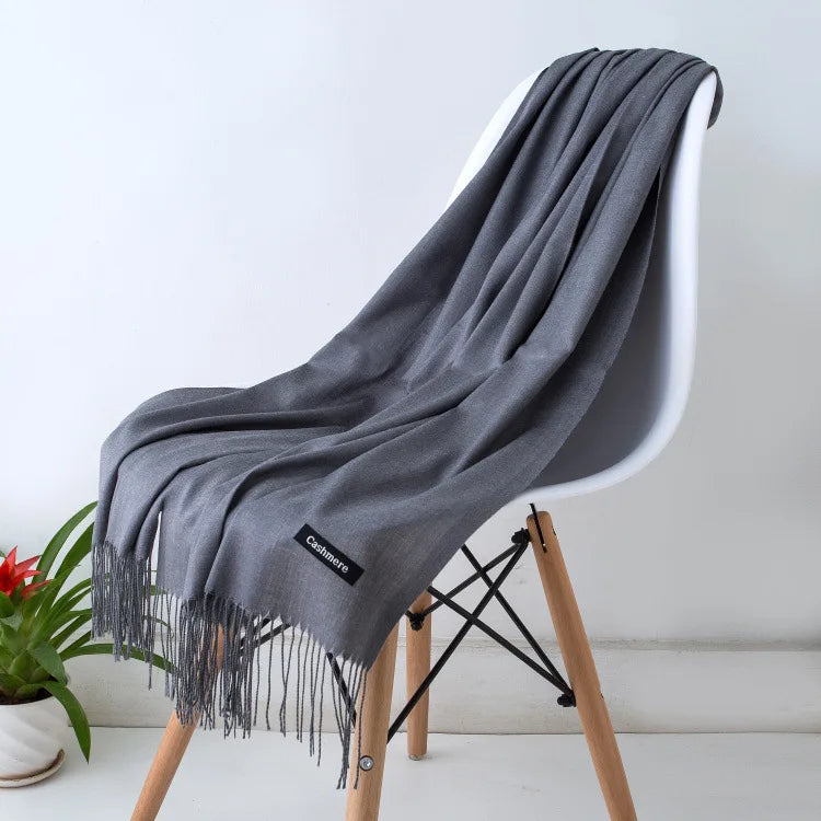 Warm Cozy Women Scarf - Long Fringe, Cashmere, Winter Gray - Tophatter Daily Deals