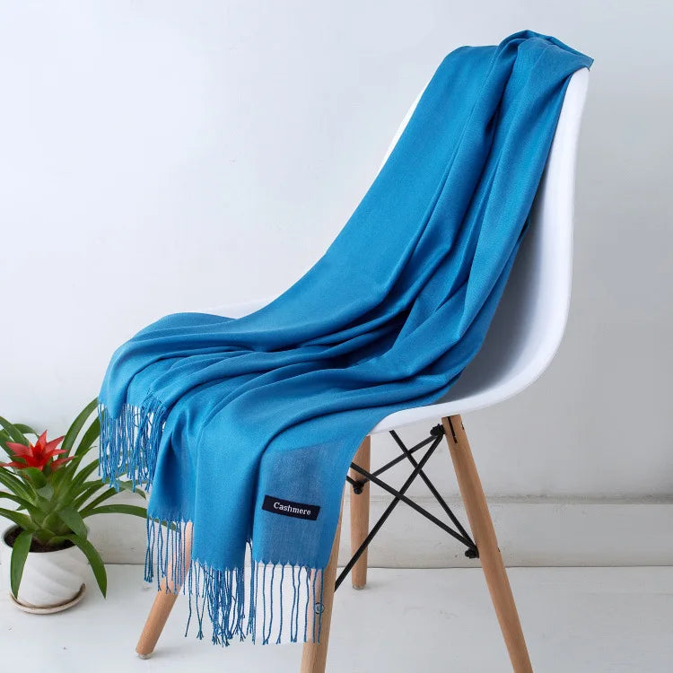 Warm Cozy Women Scarf - Long Fringe, Cashmere, Winter Blue - Tophatter Daily Deals