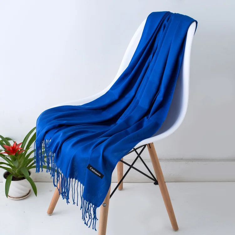 Warm Cozy Women Scarf - Long Fringe, Cashmere, Winter Royal blue - Tophatter Daily Deals