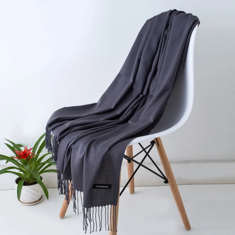 Warm Cozy Women Scarf - Long Fringe, Cashmere, Winter Dark Grey - Tophatter Daily Deals