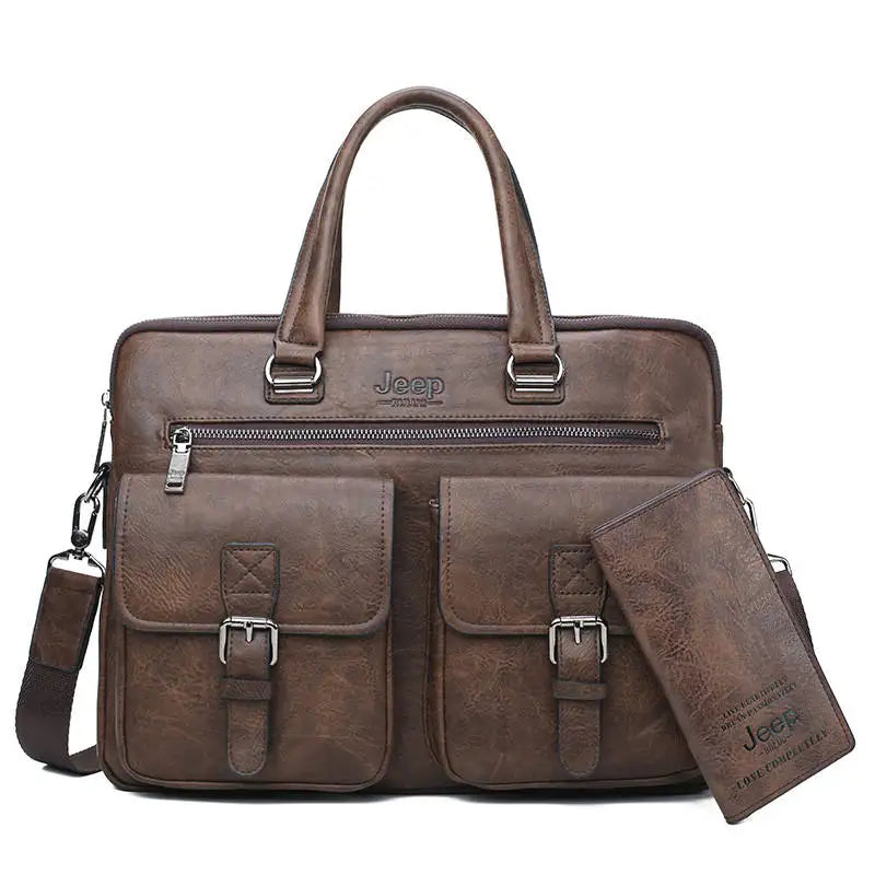 Men's Split Leather Business Briefcase Bag Set (Brown 8006-8888) Luggage & Bags > Briefcases - Tophatter Daily Deals
