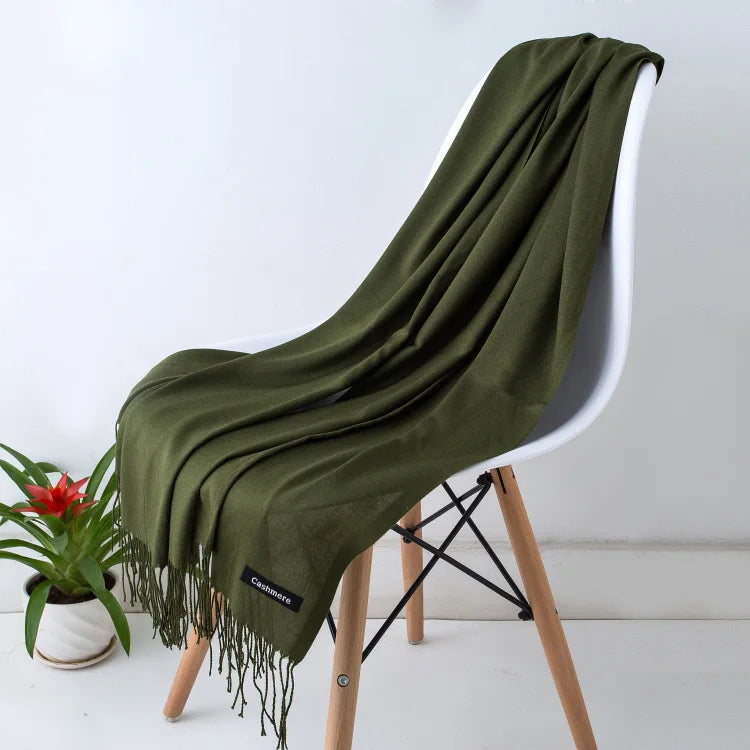 Warm Cozy Women Scarf - Long Fringe, Cashmere, Winter olive green - Tophatter Daily Deals