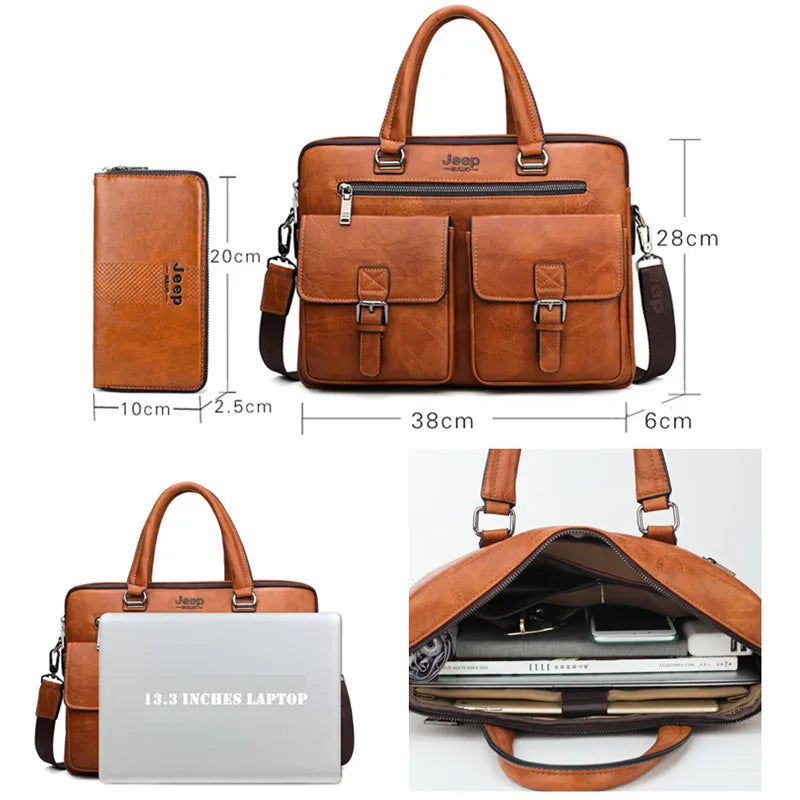 Men's Split Leather Business Briefcase Bag Set (Orange 8006-8888) Luggage & Bags > Briefcases - Tophatter Daily Deals