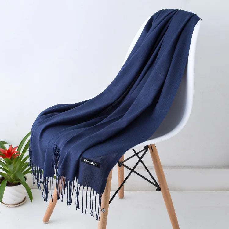 Warm Cozy Women Scarf - Long Fringe, Cashmere, Winter Navy blue - Tophatter Daily Deals