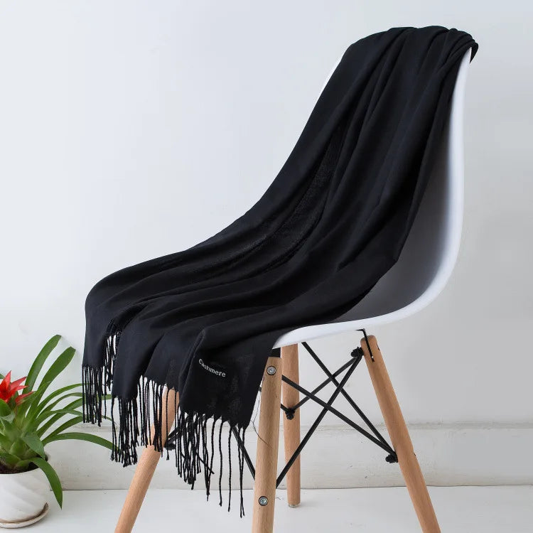 Warm Cozy Women Scarf - Long Fringe, Cashmere, Winter Black - Tophatter Daily Deals