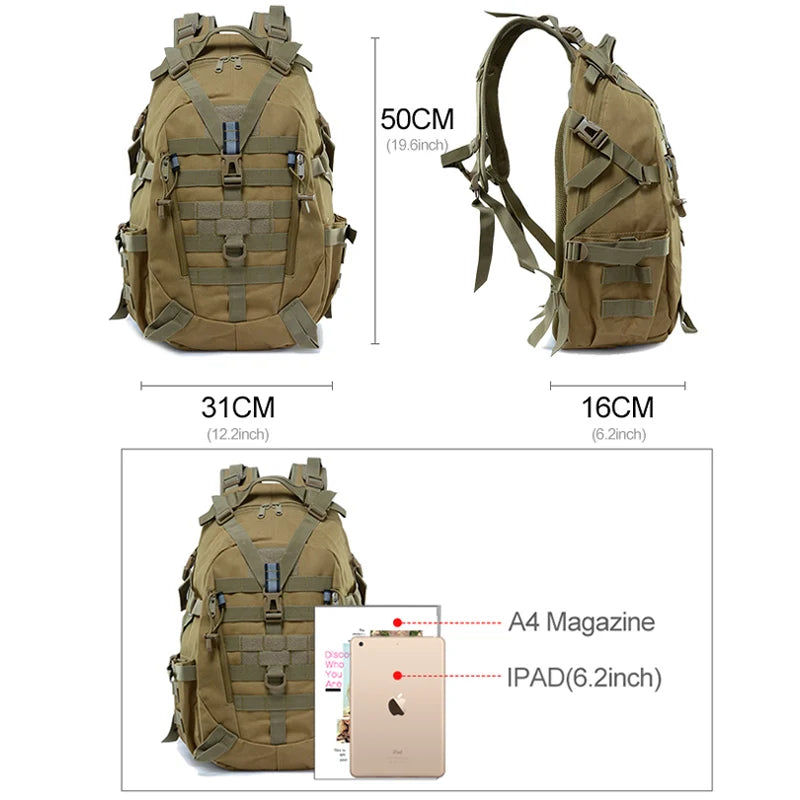 40L Tactical Camping Backpack Waterproof Molle Khaki Backpacks - Tophatter Daily Deals