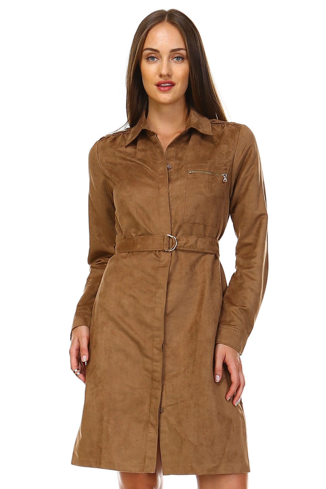 Women's Long Sleeve Suede Belted Dress Dresses / Midi - Tophatter Daily Deals