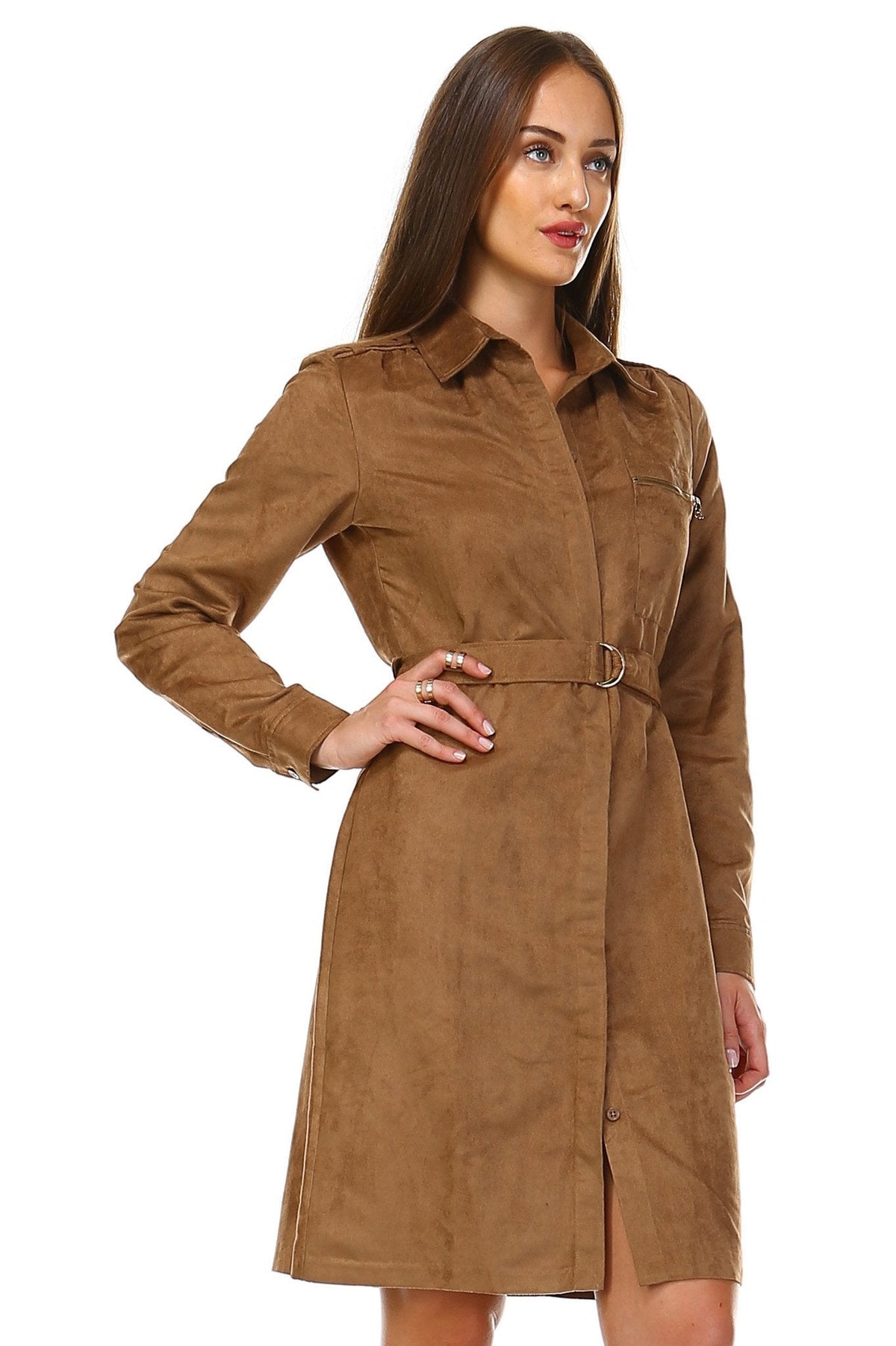 Women's Long Sleeve Suede Belted Dress Dresses / Midi - Tophatter Daily Deals