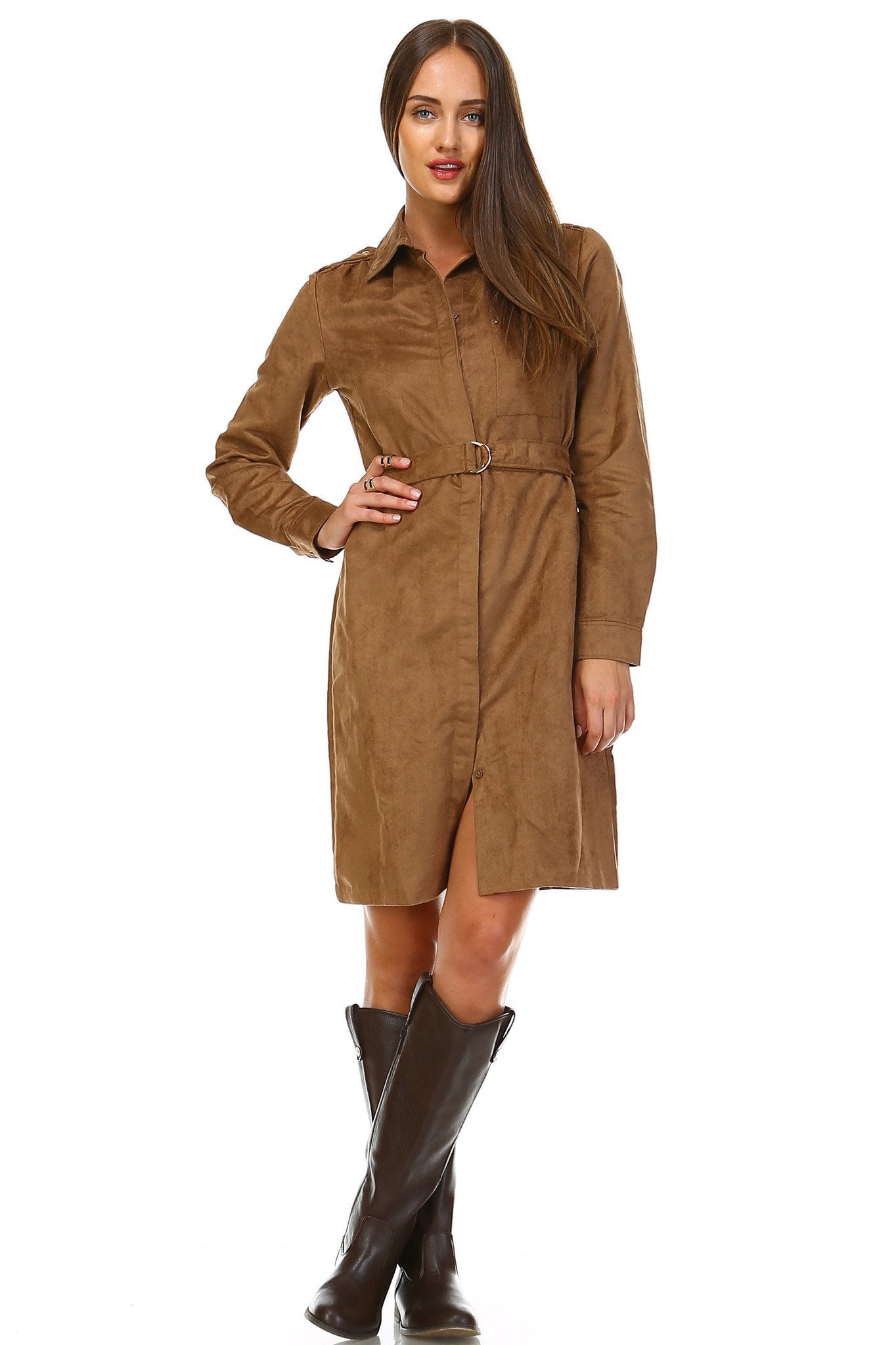 Women's Long Sleeve Suede Belted Dress Light Brown 1 Dresses / Midi - Tophatter Daily Deals