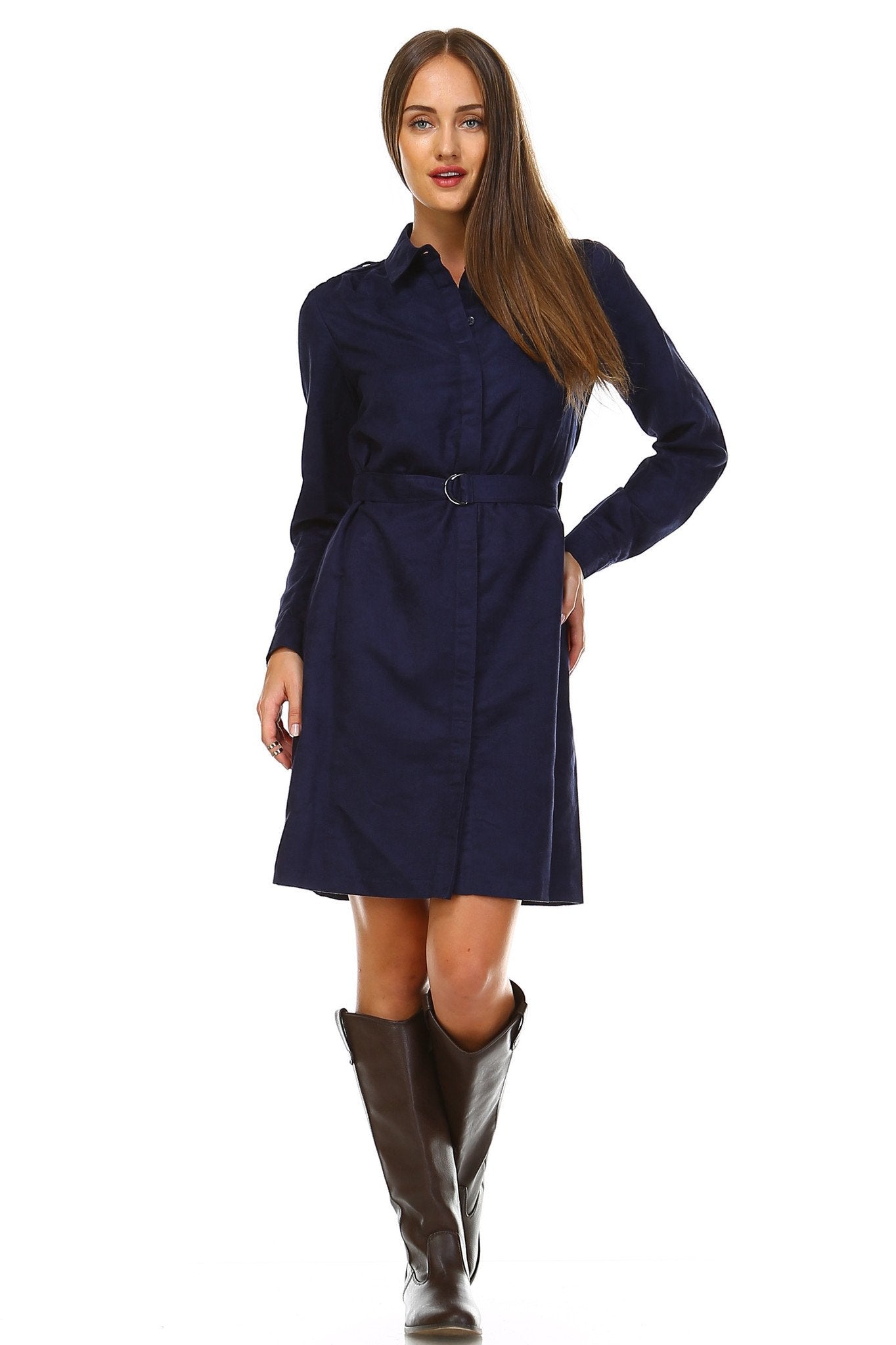 Women's Long Sleeve Suede Belted Dress Midnight Blue 1 Dresses / Midi - Tophatter Daily Deals
