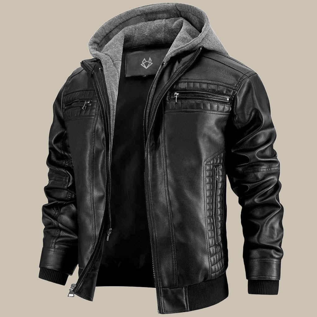 Warm Mens Leather Hooded Jacket - Bomber, Cold Weather Black - Tophatter Daily Deals