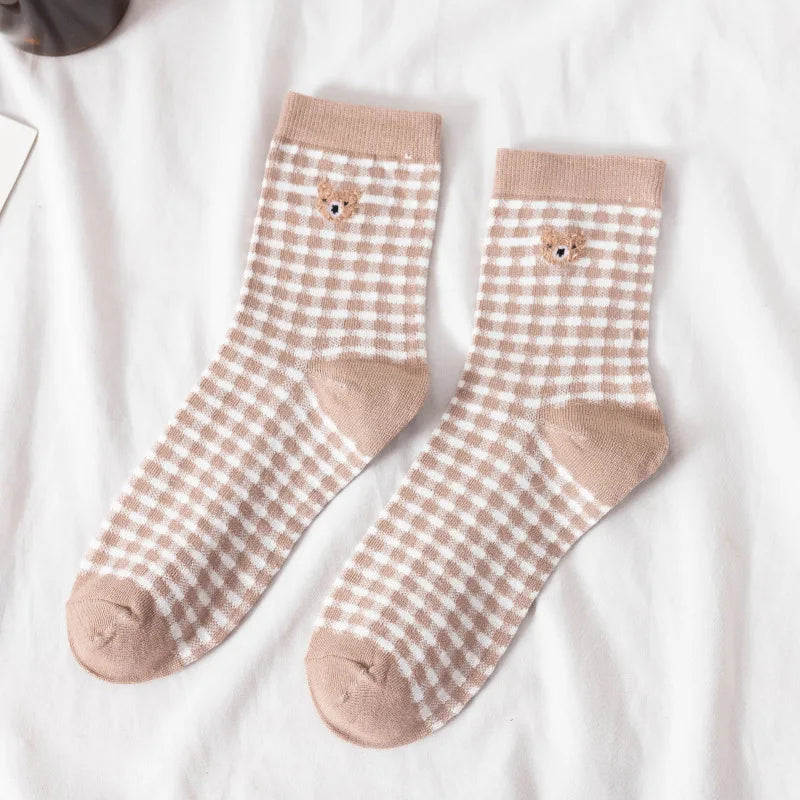 Fluffy Teddy Bear Socks Cream Brown Beige Chequered Print Kawaii Brown Chequered Bear Animals - Tophatter Daily Deals