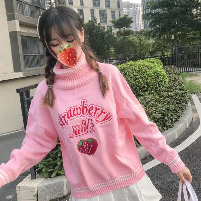 Strawberry Milk Embroidered Sweater Pink White Loose Turtleneck Jumper Top Harajuku Food - Tophatter Daily Deals