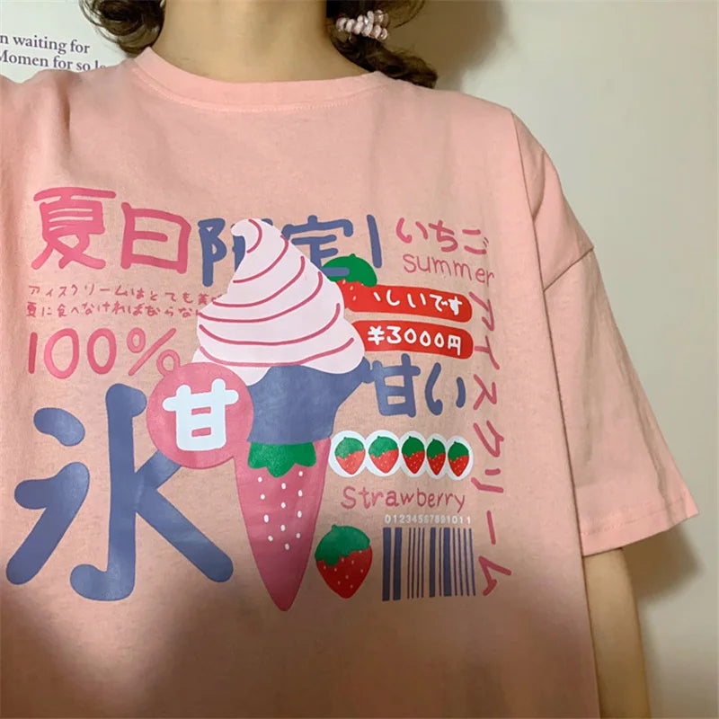 Harajuku Short Sleeve T-shirt Top Japanese Pastel Pink White Ice Cream Food - Tophatter Daily Deals