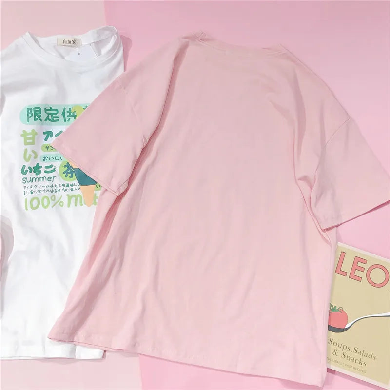 Harajuku Short Sleeve T-shirt Top Japanese Pastel Pink White Ice Cream Food - Tophatter Daily Deals