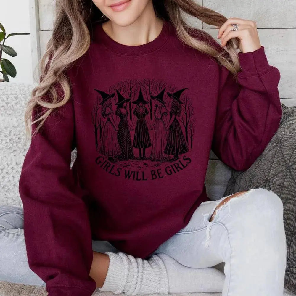 Halloween Girls Will Be Girls Witch Sweatshirt Funny Witch Shirt Girl Power Halloween Women Gothic Hoodie Witchy Vibe Sweatshirt Burgundy - Tophatter Daily Deals