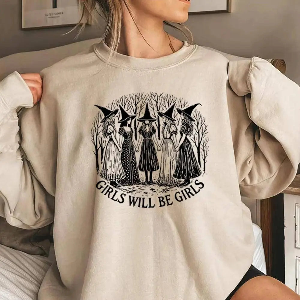 Halloween Girls Will Be Girls Witch Sweatshirt Funny Witch Shirt Girl Power Halloween Women Gothic Hoodie Witchy Vibe Sweatshirt Khaki - Tophatter Daily Deals