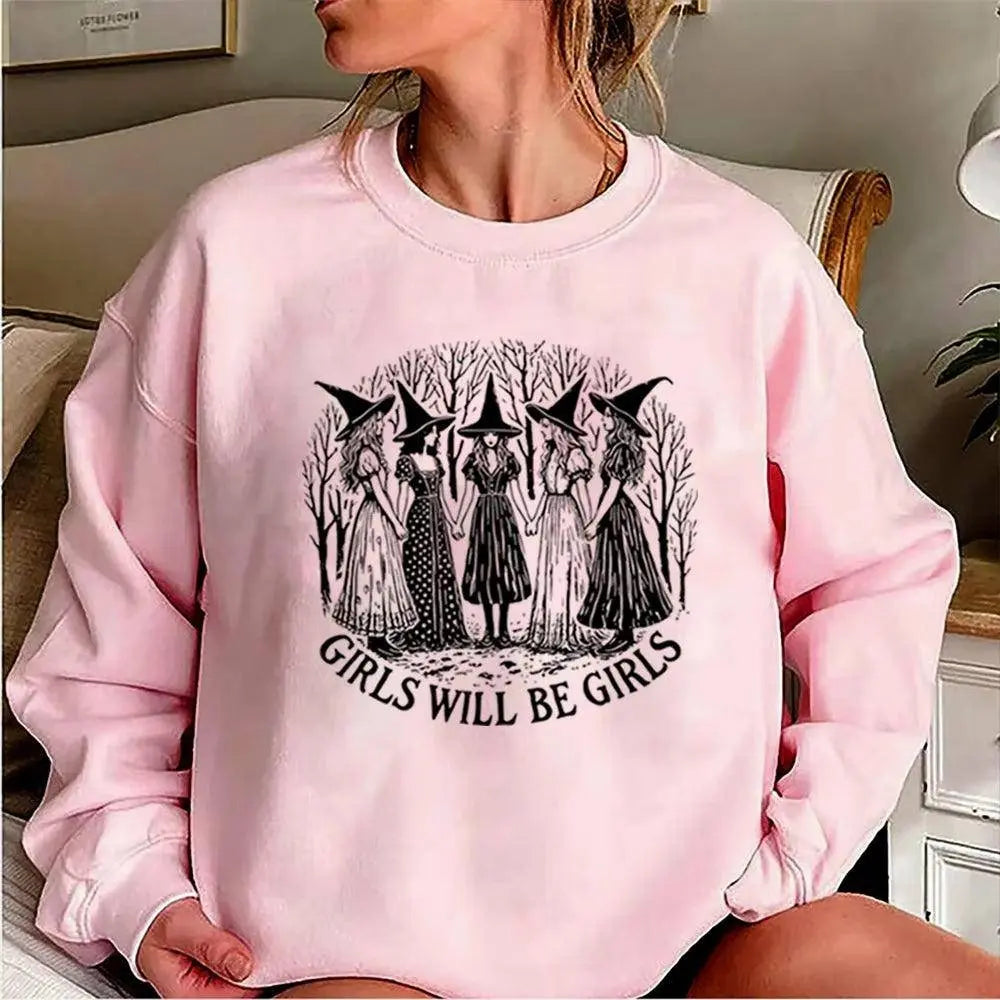 Halloween Girls Will Be Girls Witch Sweatshirt Funny Witch Shirt Girl Power Halloween Women Gothic Hoodie Witchy Vibe Sweatshirt Pink - Tophatter Daily Deals