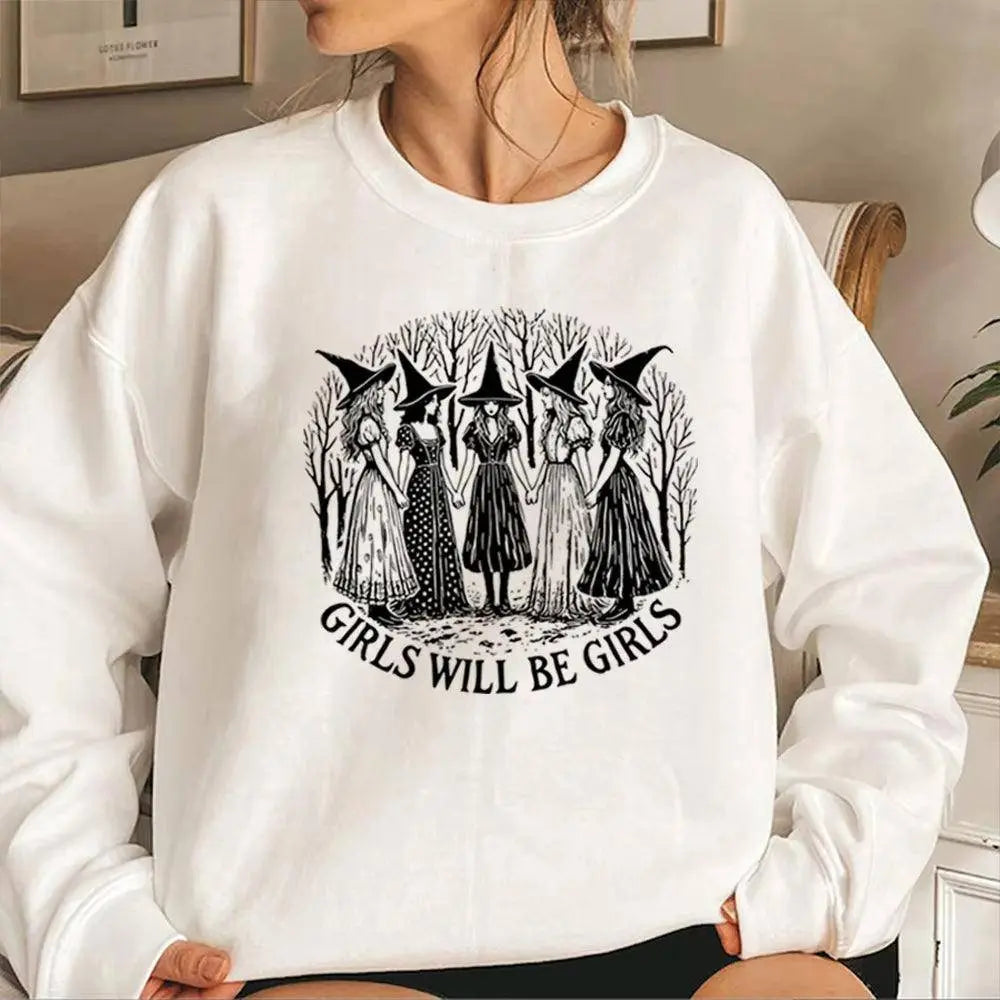 Halloween Girls Will Be Girls Witch Sweatshirt Funny Witch Shirt Girl Power Halloween Women Gothic Hoodie Witchy Vibe Sweatshirt White - Tophatter Daily Deals