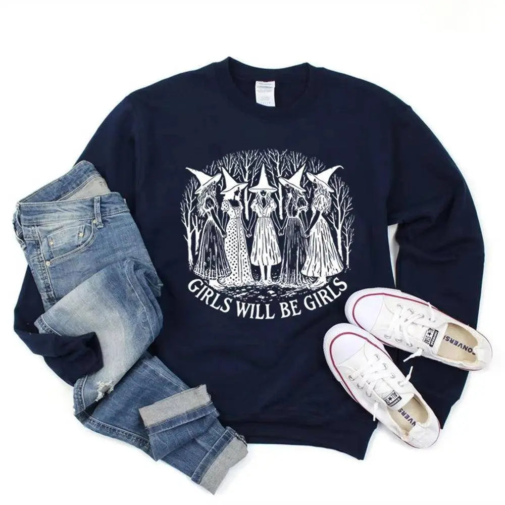 Halloween Girls Will Be Girls Witch Sweatshirt Funny Witch Shirt Girl Power Halloween Women Gothic Hoodie Witchy Vibe Sweatshirt Navy Blue - Tophatter Daily Deals