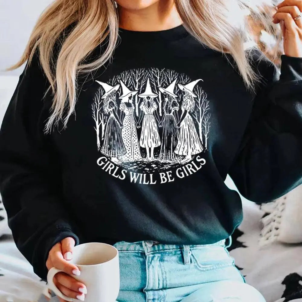 Halloween Girls Will Be Girls Witch Sweatshirt Funny Witch Shirt Girl Power Halloween Women Gothic Hoodie Witchy Vibe Sweatshirt Black - Tophatter Daily Deals